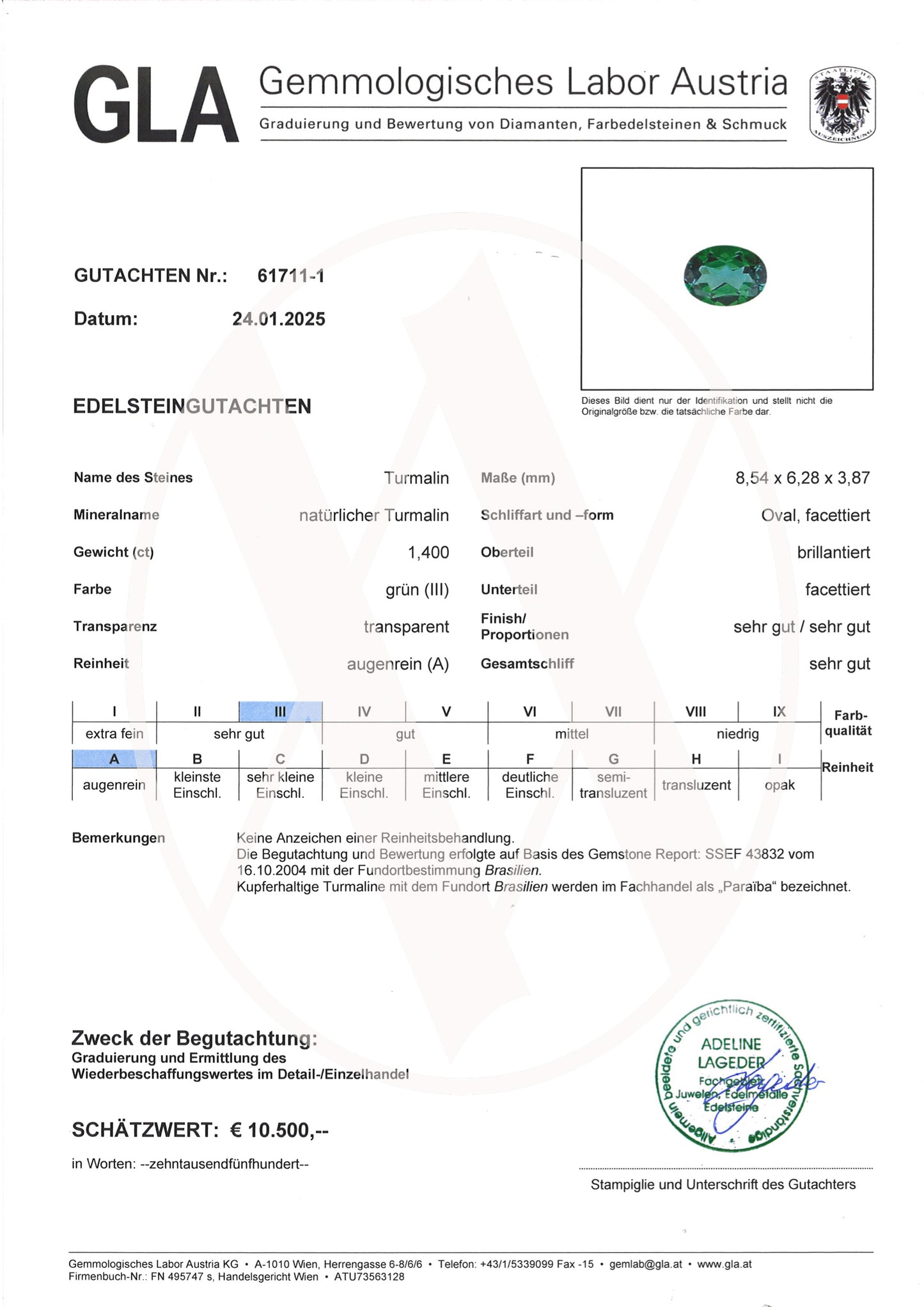 300068_Paraiba Turmalin Brasilien GLA Gutachten