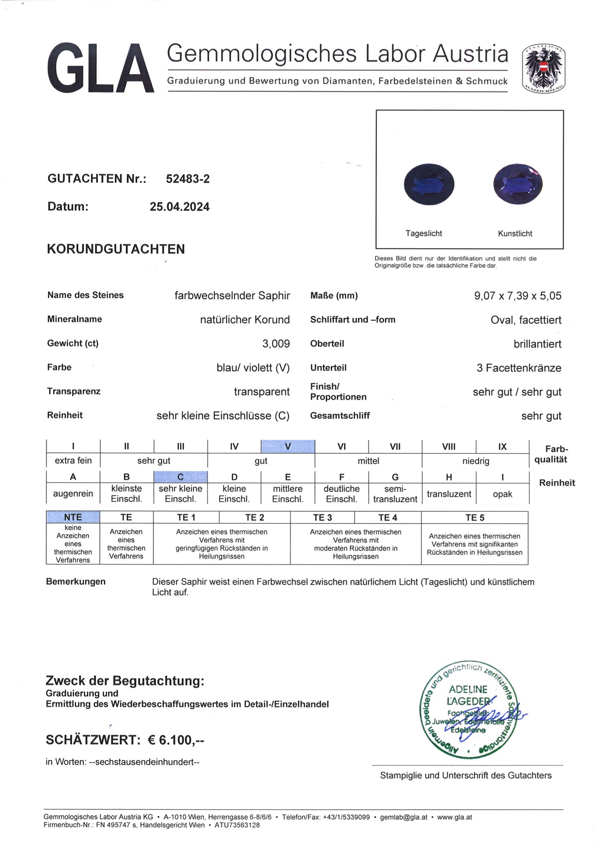 Zertifikat Farbwechselsaphir 400027
